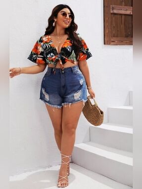 SHEIN Black & Orange Tropical Tie-Front Crop Top Size XL New With Tags